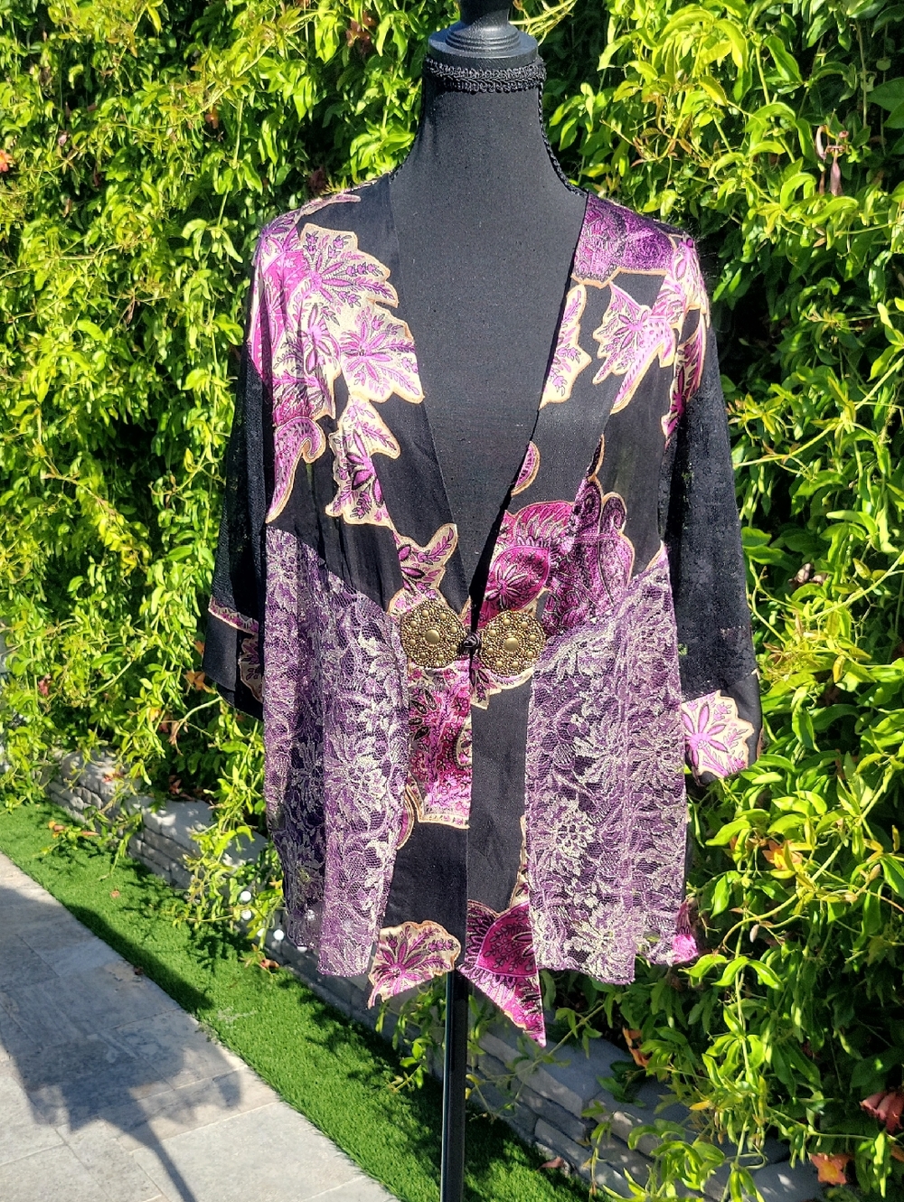Ania A 100% Silk Lace Sheer Floral Paisley Kimono Jacket L
